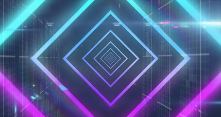 Image of neon geometrical shapes over data processing