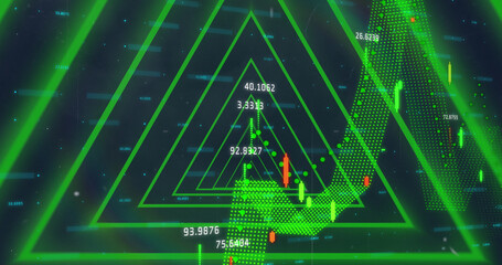 Image of red neon geometrical shapes over financial data processing