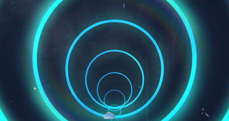 Image of blue neon geometrical shapes over clouds icons