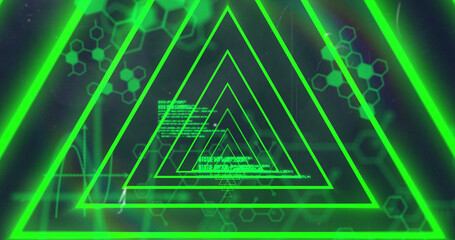 Image of green neon geometrical shapes science data processing