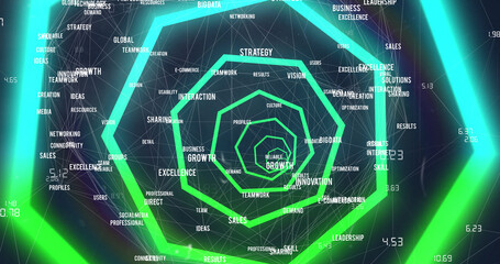 Image of blue and green neon geometrical shapes over network of connections