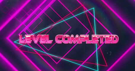 Image of pink neon geometrical shapes over level completed text
