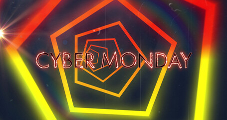 Image of orange and yellow neon geometrical shapes over cyber monday text