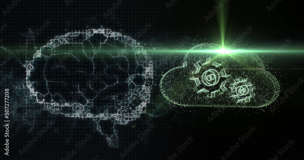 Poster image of brain rotating over black background with lights and cloud with cogs