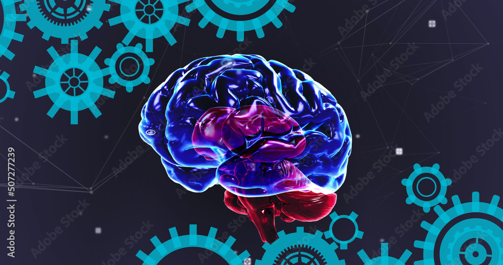 Poster image of brain rotating over navy background with dots and cogs