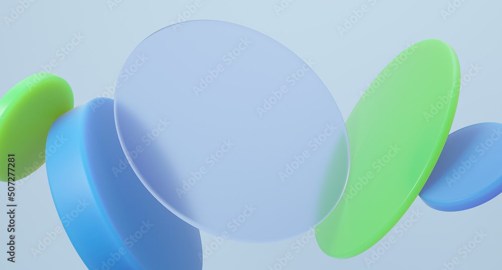 Poster round glass shapes minimal composition with glassmorphism effect. 3d rendered image.