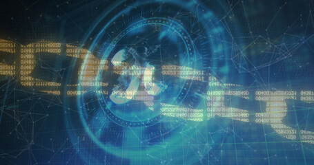 Image of 5g symbol on rotating safe lock and digital chain over network of connections