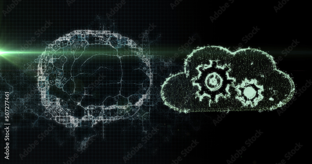 Poster image of brain rotating over black background with lights and cloud with cogs
