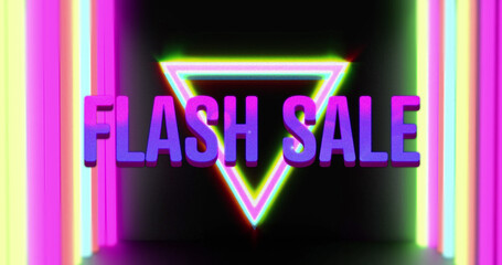 Image of flash sale over neon lines on black background