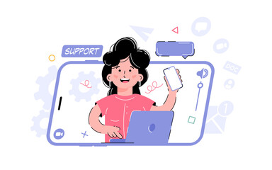 Support theme. The girl holds the phone and works at the computer. Element for the design of presentations, applications and websites. trend illustration.