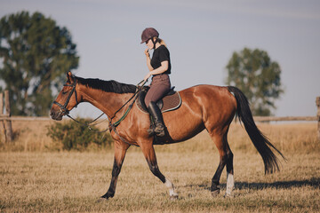 Uśmiechnięta dziewczyna jeździec konny na koniu na letnim polu 
