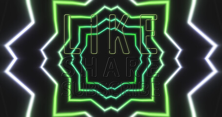 Image of like, share, subscribe over neon lights on black background