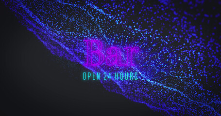 Afbeelding van bar die 24 uur open is en blauwe glitter op zwarte achtergrond