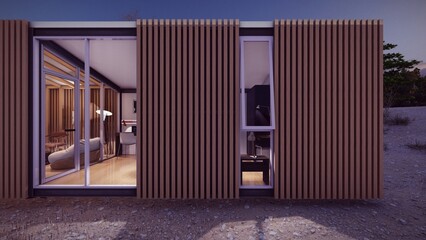 panoramic window of wooden house exterior at the night architectural design 3d illustration