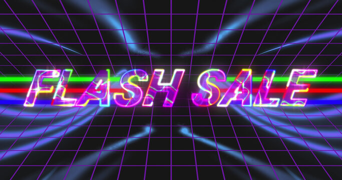 Image of flash sale and neon lines on black background