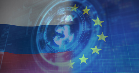 Image of scope scanning and dollar symbol over flags of russia and eu