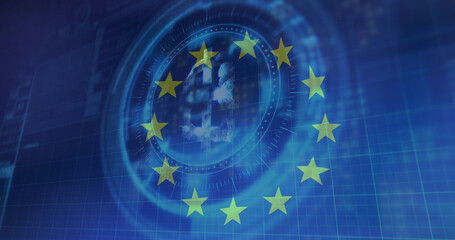 Image of scope scanning and bitcoin symbol over flag of eu