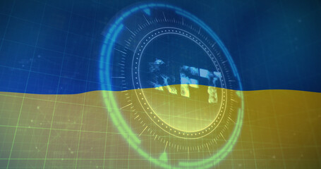 Image of scope scanning and nft symbol over flag of ukraine