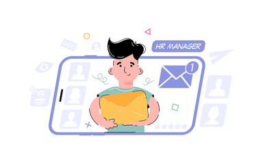 Hr, recruiting theme. The boy received a text message, holding an envelope, a letter. Element for the design of presentations, applications and websites. trend illustration.