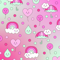 seamless pattern with hearts, rainbows and waterdrops