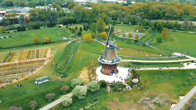 Aerial flight over the windmill in the town of Holland in Michigan