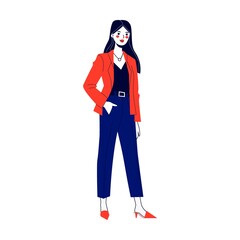 Stylish woman wearing office clothes set. Young Caucasian lady in red jacket and trousers flat vector illustration. Website design or landing web page
