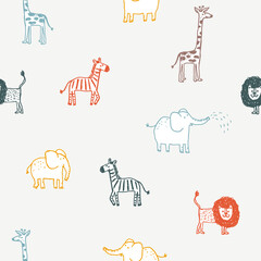 Seamless pattern with cute hand drawn animals
