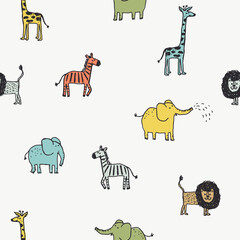 Seamless pattern with cute hand drawn animals - 507278846