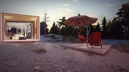 tropical wooden home design for holiday with garden furniture architecture concept 3d illustration