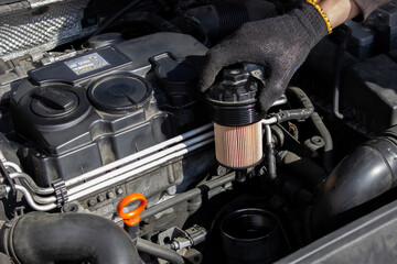 Car engine oil filter replacement. Transmission and maintenance.