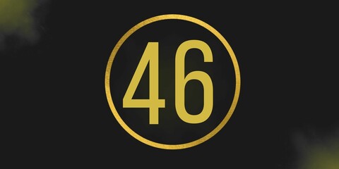 Number 46. Banner with the number forty six on a black background and gold details with a circle gold in the middle