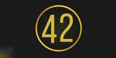 Number 42. Banner with the number forty two on a black background and gold details with a circle gold in the middle