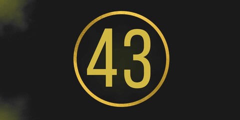 Number 43. Banner with the number forty three on a black background and gold details with a circle gold in the middle