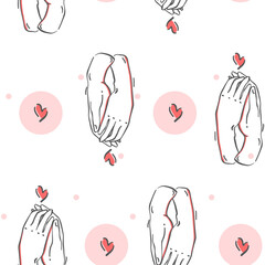 Vector seamless pattern of two hands and a heart in a minimal concise linear style. Love concept, isolated textile design template, print.