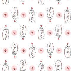 Vector seamless pattern of two hands and a heart in a minimal concise linear style. Love concept, isolated textile design template, print.