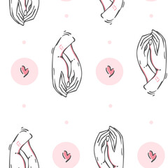 Vector seamless pattern of two hands and a heart in a minimal concise linear style. Love concept, isolated textile design template, print.