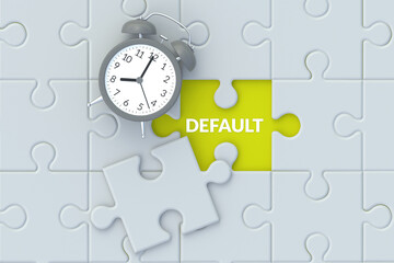 Word default and puzzle pieces jigsaw near alarm clock. Financial crisis. Default on debt obligations. Bankruptcy of the banking sector. Economic problem. Inflation, devaluation. Top view. 3d render