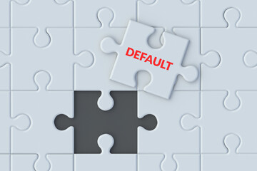 Fototapeta premium Word default on puzzle pieces jigsaw. Financial crisis. Default on debt obligations. Bankruptcy of the banking sector. Economic problem. Inflation, devaluation. Flat lay. 3d render