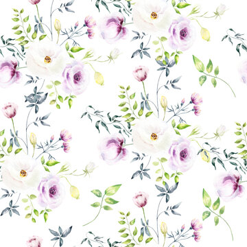 Floral seamless pattern with watercolor flowers. Botanic composition for wedding or greeting card.For Mother's Day, wedding, birthday, Easter, Valentine's Day.