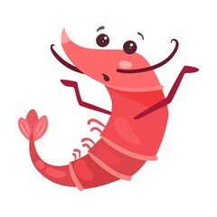 Cute shrimp with pretty face cartoon illustration. Happy, frightened and surprised pink prawn characters in different poses isolated in white
