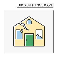 House color icon. Smashed house. Destroyed roof and windows. Need repair. Vandalism. Broken things concept. Isolated vector illustration