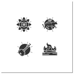 Indian culture glyph icons set. Independence day, Bengal tiger, sitar and hindu funeral. Country concept. Filled flat signs. Isolated silhouette vector illustrations
