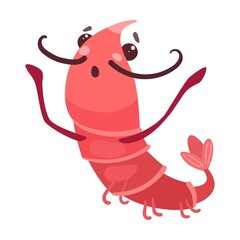 Cute shrimp cartoon illustration. Happy, frightened and surprised pink prawn characters in different poses isolated in white
