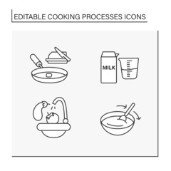 Cooking processes line icons set. Measuring cup, butter on a preheated pan, dough kneading, rinse vegetables. Food preparation. Cooking process concept. Isolated vector illustrations.Editable stroke