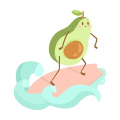 Avocado on a surfboard. Cute vegetables, fruits character cartoon illustration. Avocado and orange surfing and windsurfing on surf board, radish going down