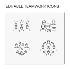 Teamwork line icons set. Brainstorming, working dialogue between employees, deal, cooperation. Teamwork concept. Isolated vector illustrations. Editable stroke
