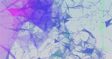 Image of blue, green and violet shapes moving on grey background