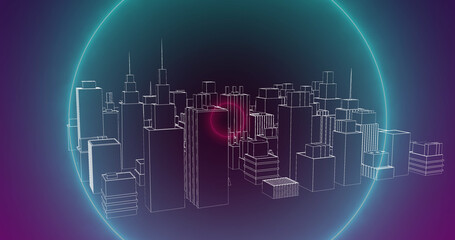 Image of neon circles over metaverse city on violet background