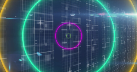 Obraz premium Image of neon circles over data processing on navy background