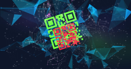 Image of qr code over navy background with shapes
